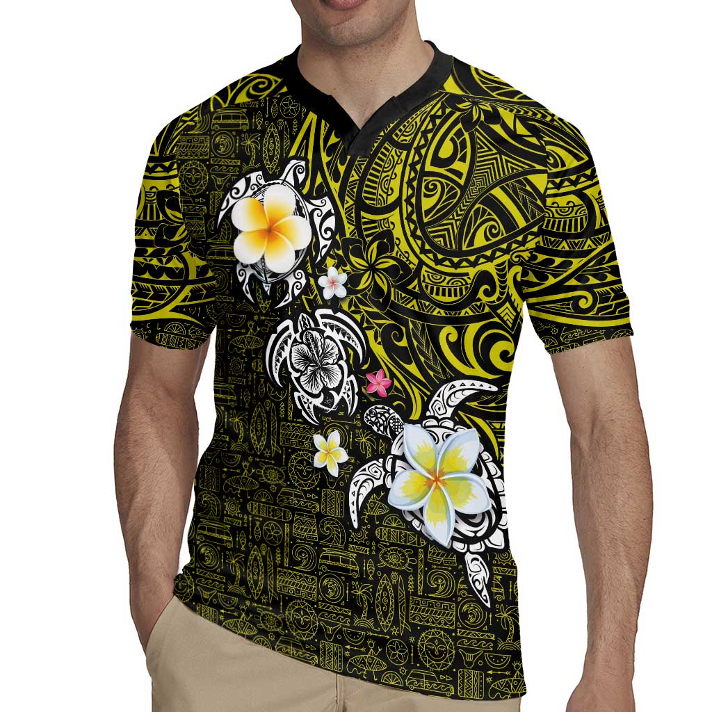 Hawaiian Turtle and Plumeria Rugby Jersey Polynesian Tattoo and Tribal Elements Pattern Yellow Color