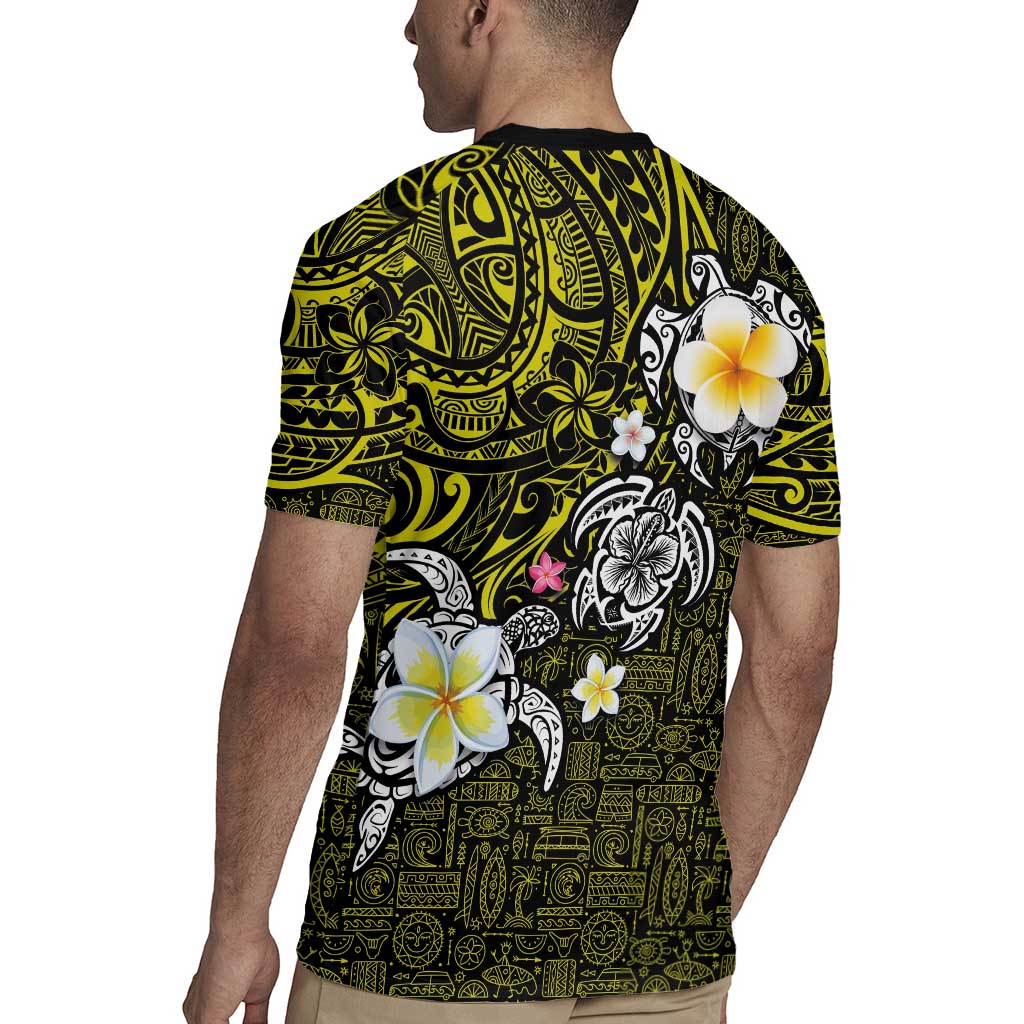 Hawaiian Turtle and Plumeria Rugby Jersey Polynesian Tattoo and Tribal Elements Pattern Yellow Color