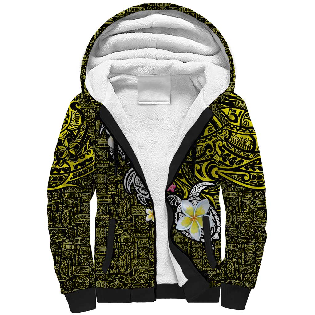 Hawaiian Turtle and Plumeria Sherpa Hoodie Polynesian Tattoo and Tribal Elements Pattern Yellow Color