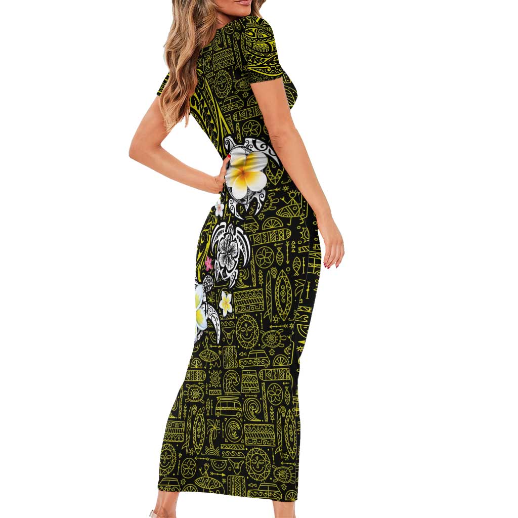 Hawaiian Turtle and Plumeria Short Sleeve Bodycon Dress Polynesian Tattoo and Tribal Elements Pattern Yellow Color