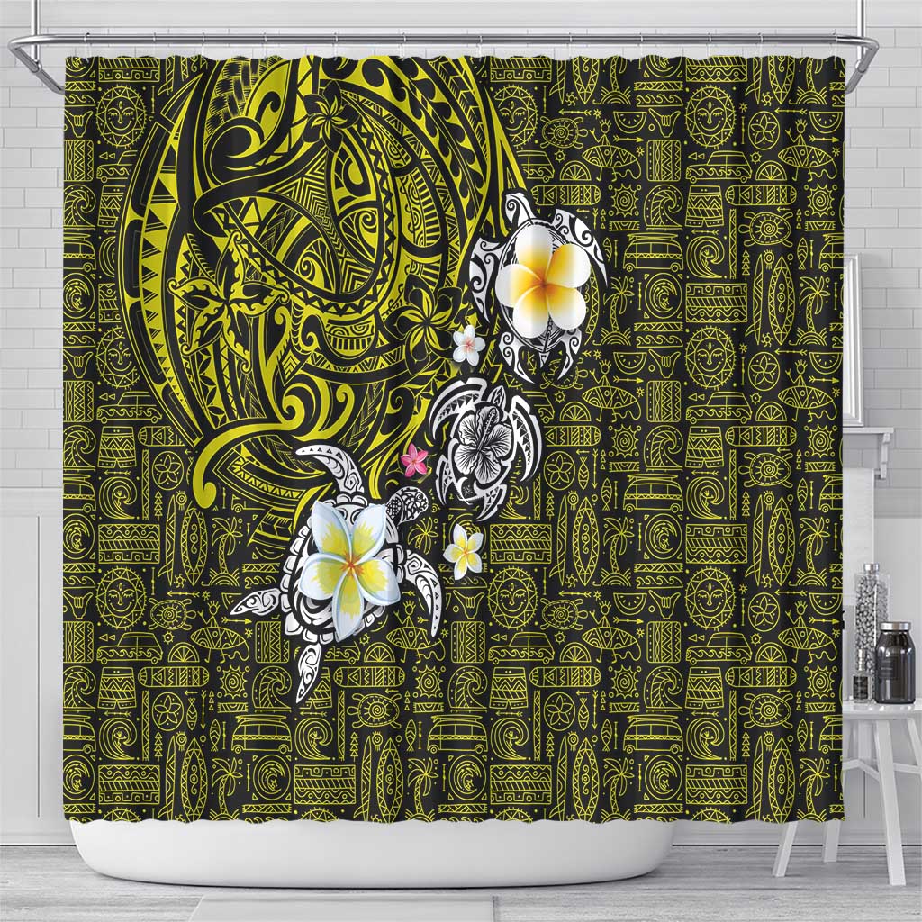 Hawaiian Turtle and Plumeria Shower Curtain Polynesian Tattoo and Tribal Elements Pattern Yellow Color LT03 - Polynesian Pride