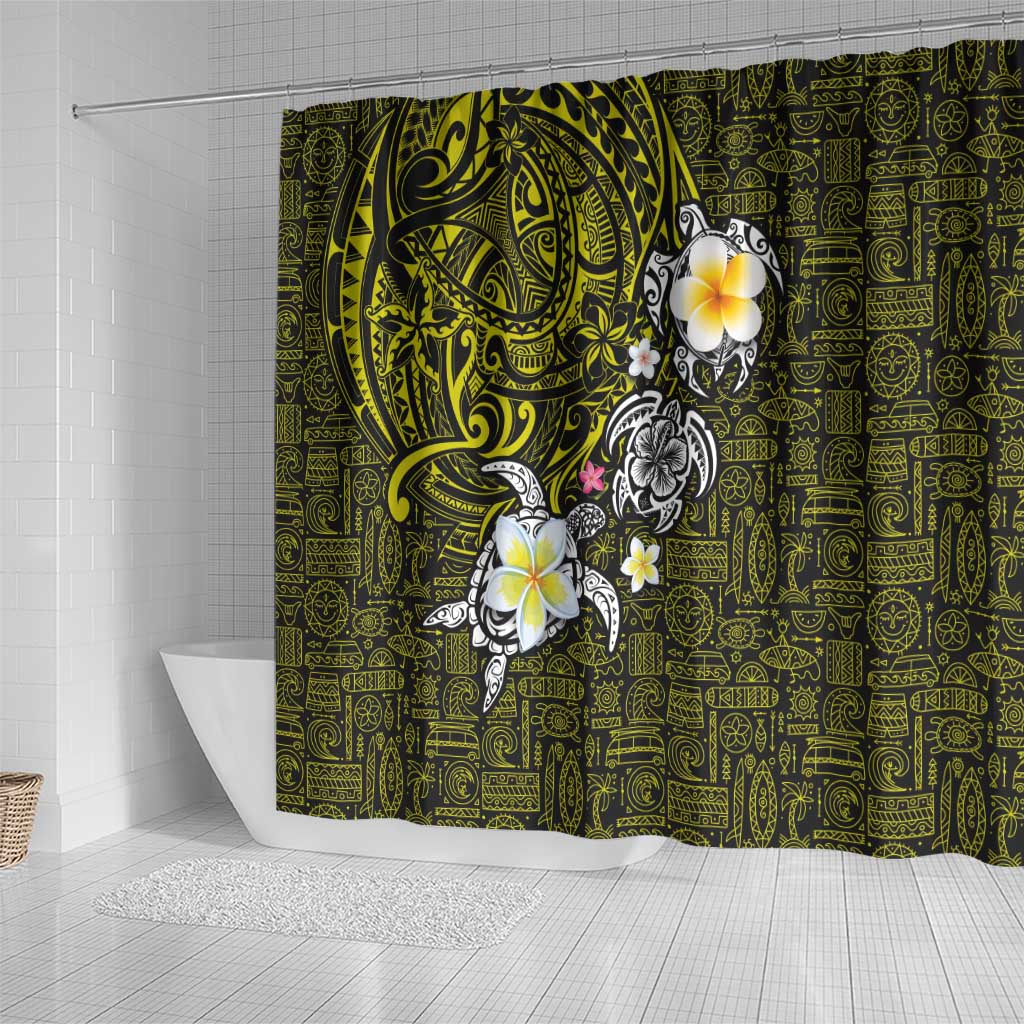 Hawaiian Turtle and Plumeria Shower Curtain Polynesian Tattoo and Tribal Elements Pattern Yellow Color LT03 - Polynesian Pride