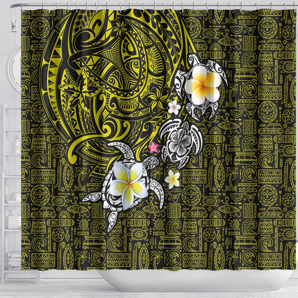 Hawaiian Turtle and Plumeria Shower Curtain Polynesian Tattoo and Tribal Elements Pattern Yellow Color LT03 - Polynesian Pride