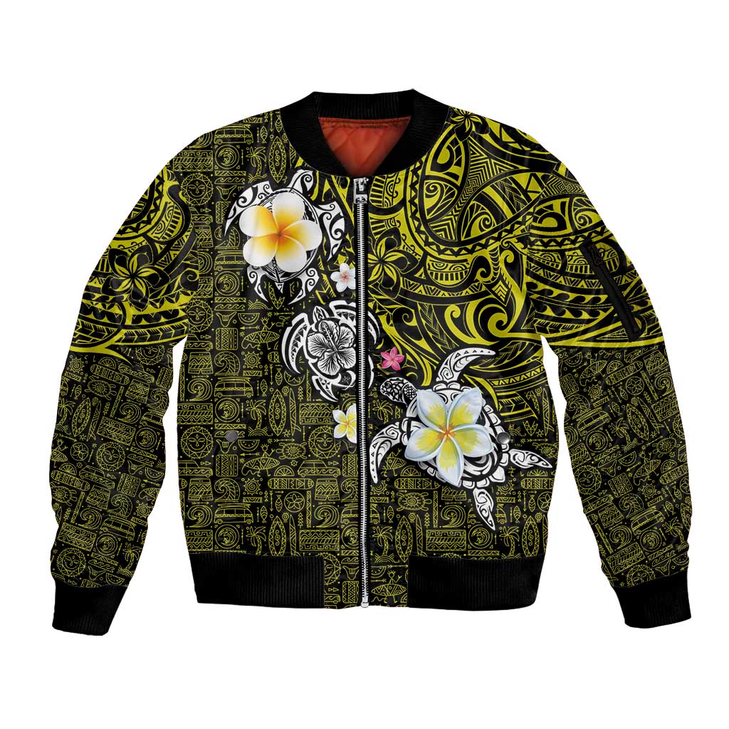 Hawaiian Turtle and Plumeria Sleeve Zip Bomber Jacket Polynesian Tattoo and Tribal Elements Pattern Yellow Color