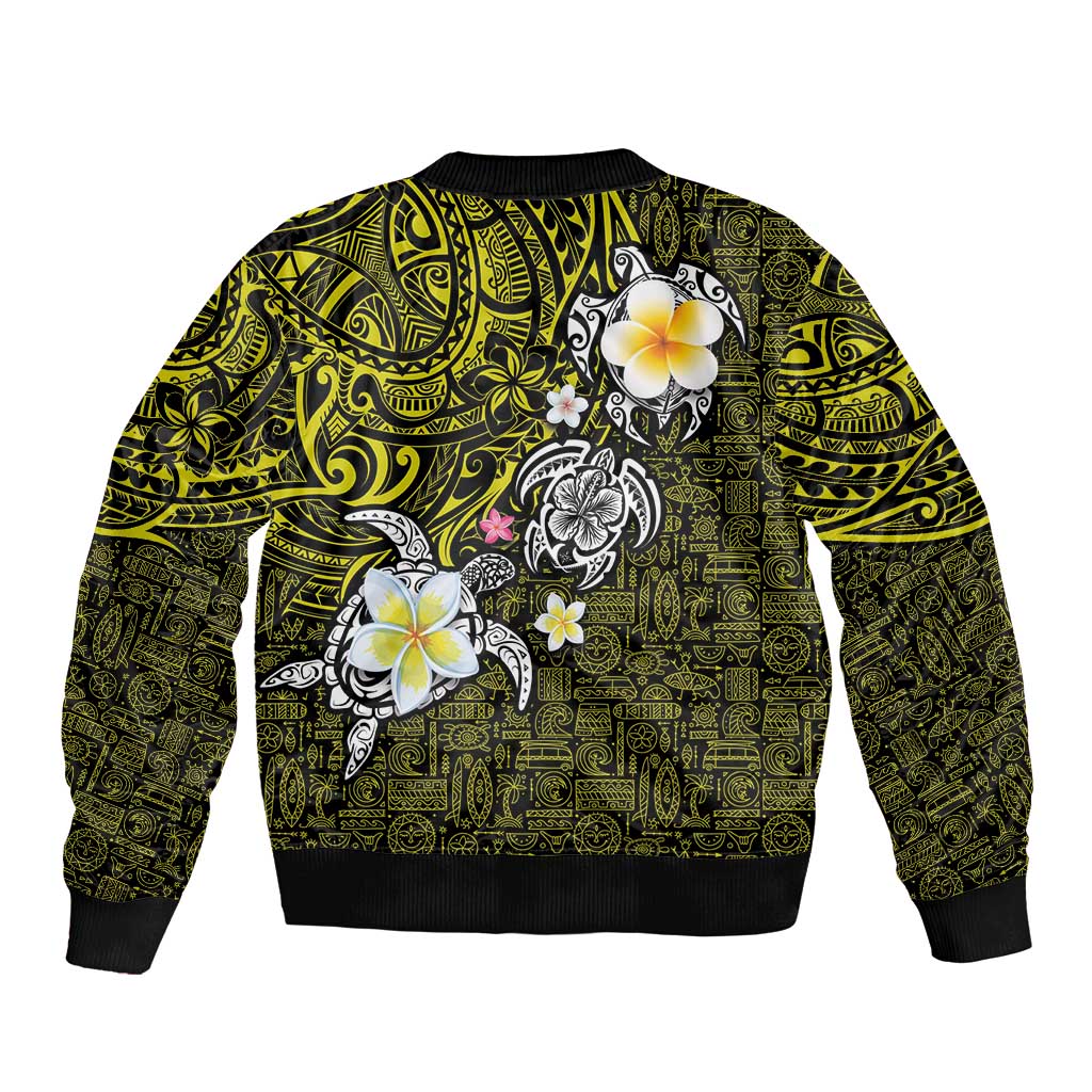 Hawaiian Turtle and Plumeria Sleeve Zip Bomber Jacket Polynesian Tattoo and Tribal Elements Pattern Yellow Color