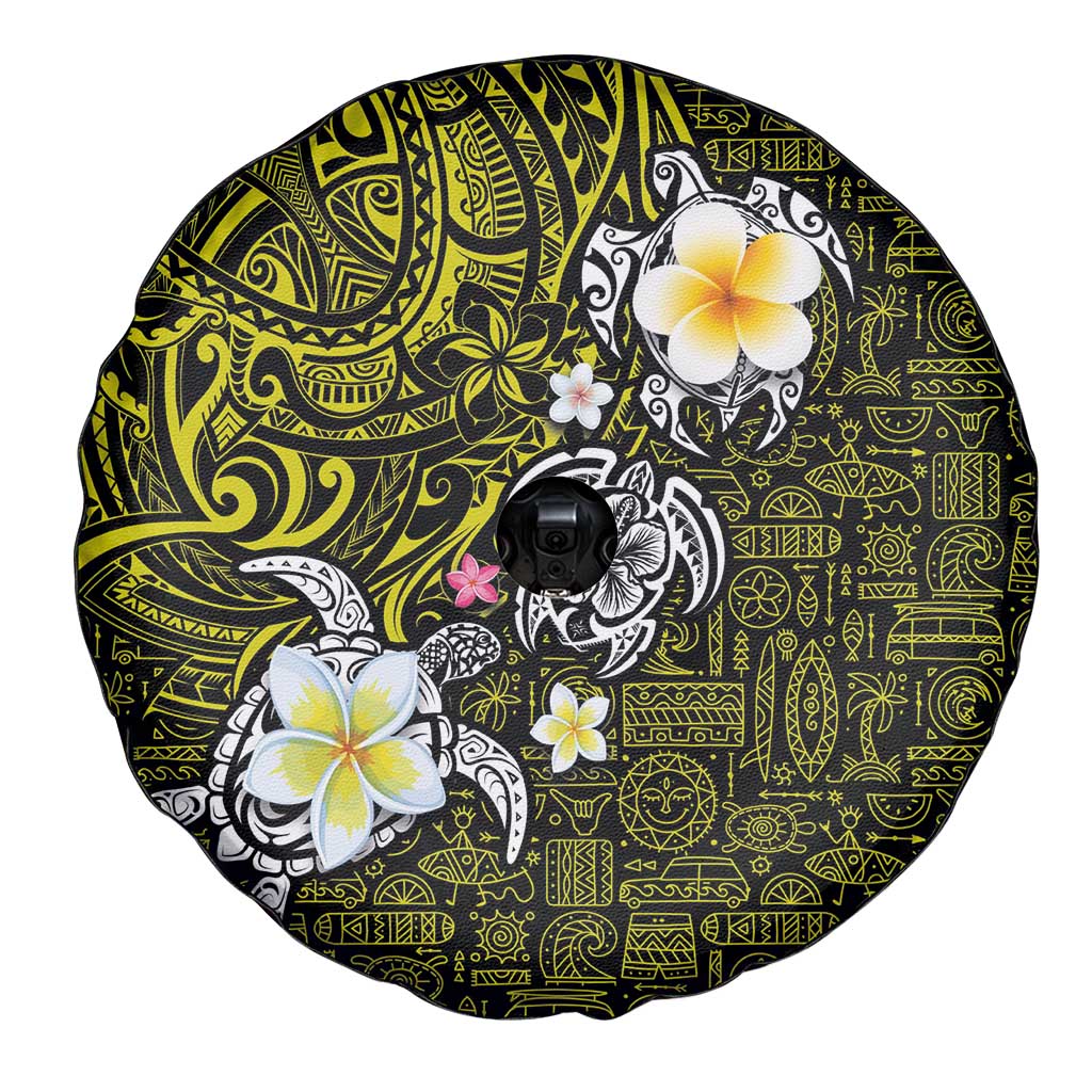 Hawaiian Turtle and Plumeria Spare Tire Cover Polynesian Tattoo and Tribal Elements Pattern Yellow Color