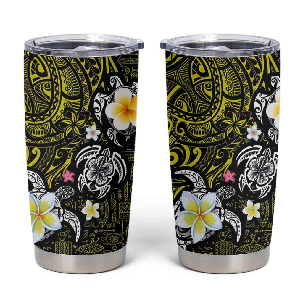 Hawaiian Turtle and Plumeria Tumbler Cup Polynesian Tattoo and Tribal Elements Pattern Yellow Color