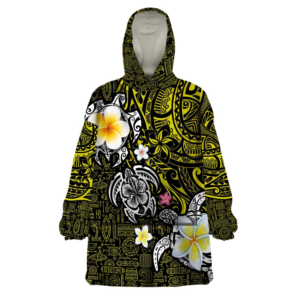 Hawaiian Turtle and Plumeria Wearable Blanket Hoodie Polynesian Tattoo and Tribal Elements Pattern Yellow Color