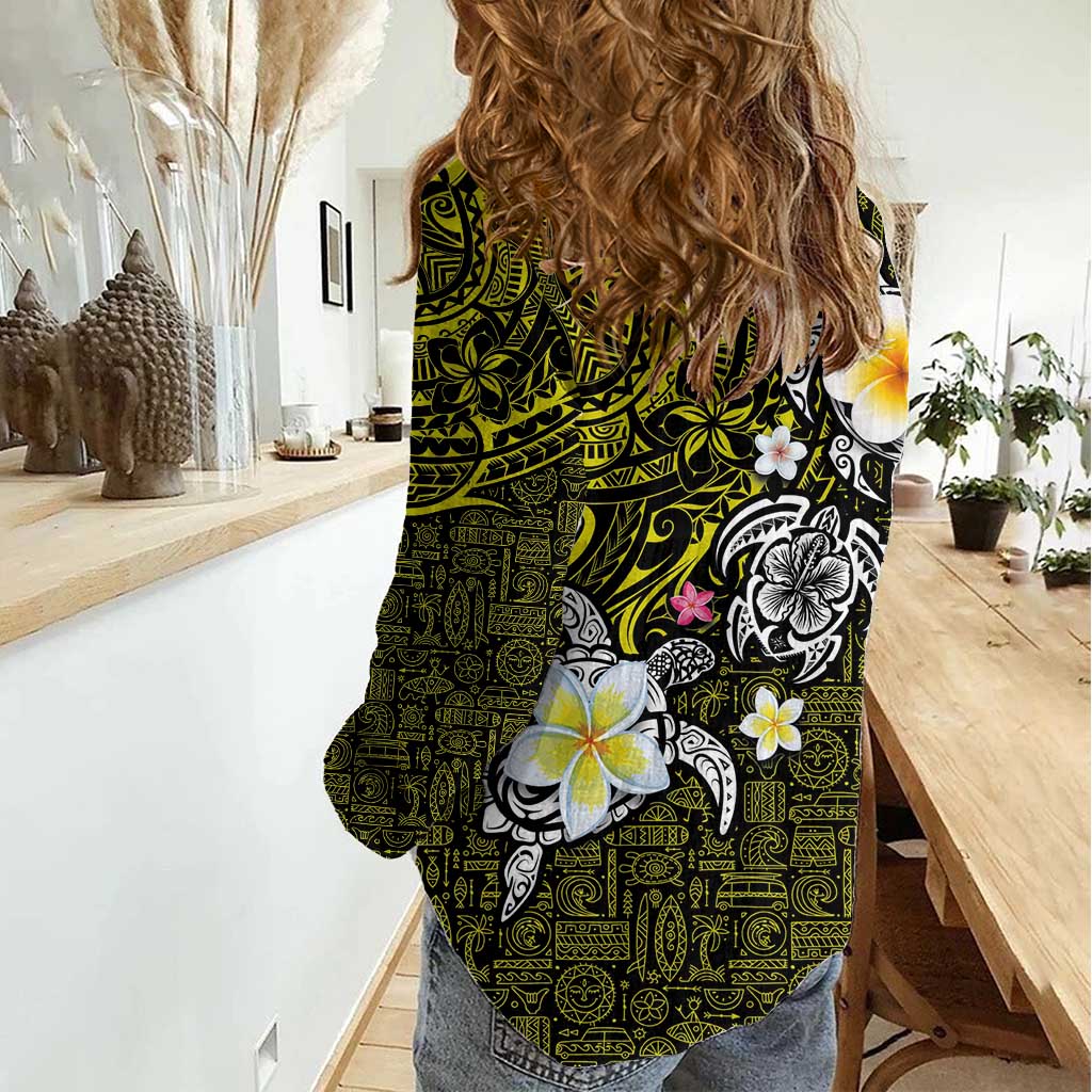 Hawaiian Turtle and Plumeria Women Casual Shirt Polynesian Tattoo and Tribal Elements Pattern Yellow Color