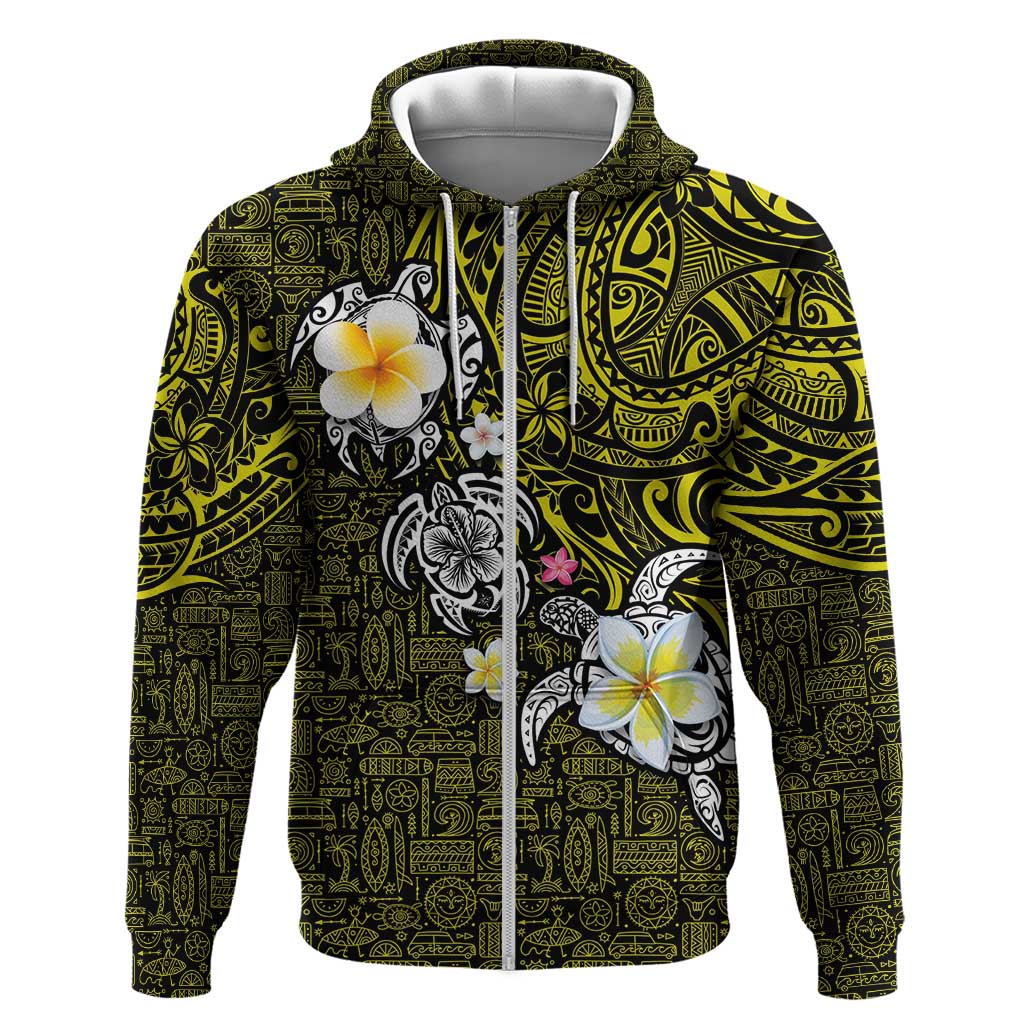 Hawaiian Turtle and Plumeria Zip Hoodie Polynesian Tattoo and Tribal Elements Pattern Yellow Color LT03 Zip Hoodie Yellow - Polynesian Pride