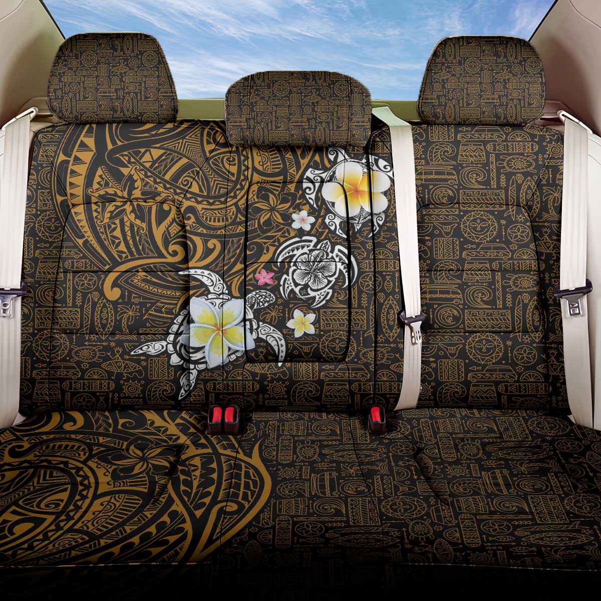 Hawaiian Turtle and Plumeria Back Car Seat Cover Polynesian Tattoo and Tribal Elements Pattern Orange Color