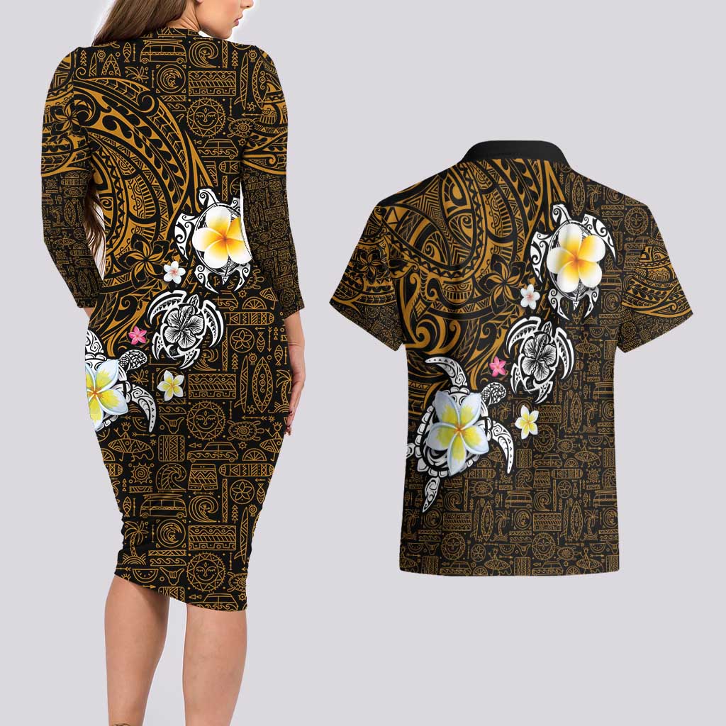 Hawaiian Turtle and Plumeria Couples Matching Long Sleeve Bodycon Dress and Hawaiian Shirt Polynesian Tattoo and Tribal Elements Pattern Orange Color