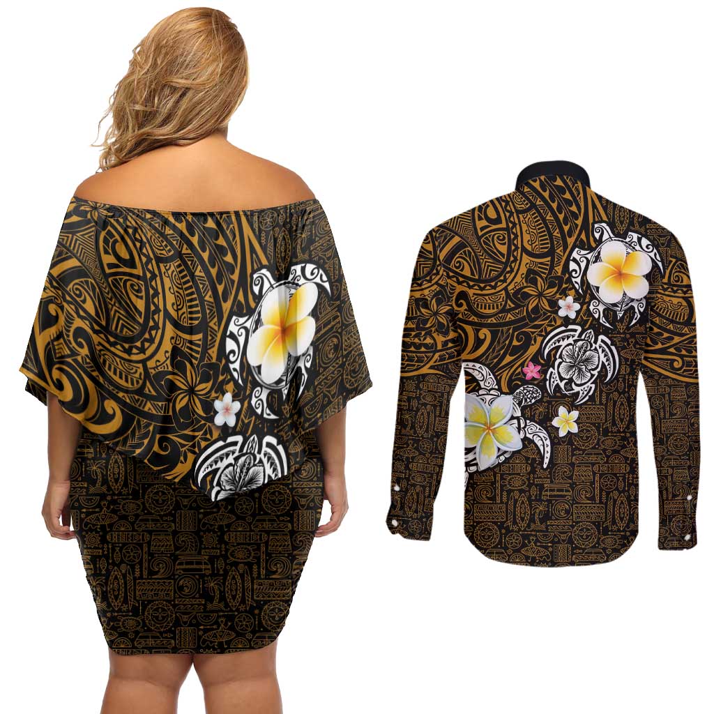 Hawaiian Turtle and Plumeria Couples Matching Off Shoulder Short Dress and Long Sleeve Button Shirt Polynesian Tattoo and Tribal Elements Pattern Orange Color