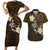 Hawaiian Turtle and Plumeria Couples Matching Short Sleeve Bodycon Dress and Hawaiian Shirt Polynesian Tattoo and Tribal Elements Pattern Orange Color