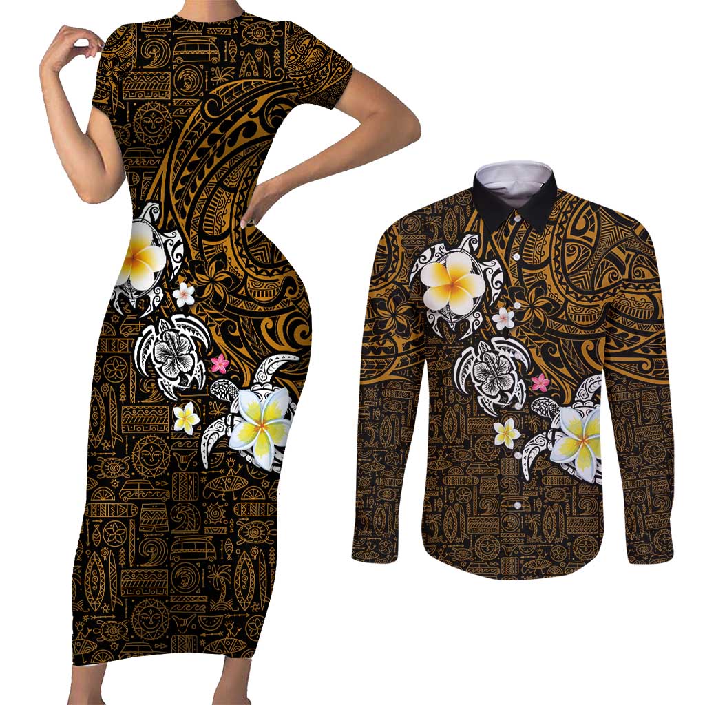 Hawaiian Turtle and Plumeria Couples Matching Short Sleeve Bodycon Dress and Long Sleeve Button Shirt Polynesian Tattoo and Tribal Elements Pattern Orange Color