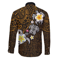 Hawaiian Turtle and Plumeria Family Matching Off The Shoulder Long Sleeve Dress and Hawaiian Shirt Polynesian Tattoo and Tribal Elements Pattern Orange Color