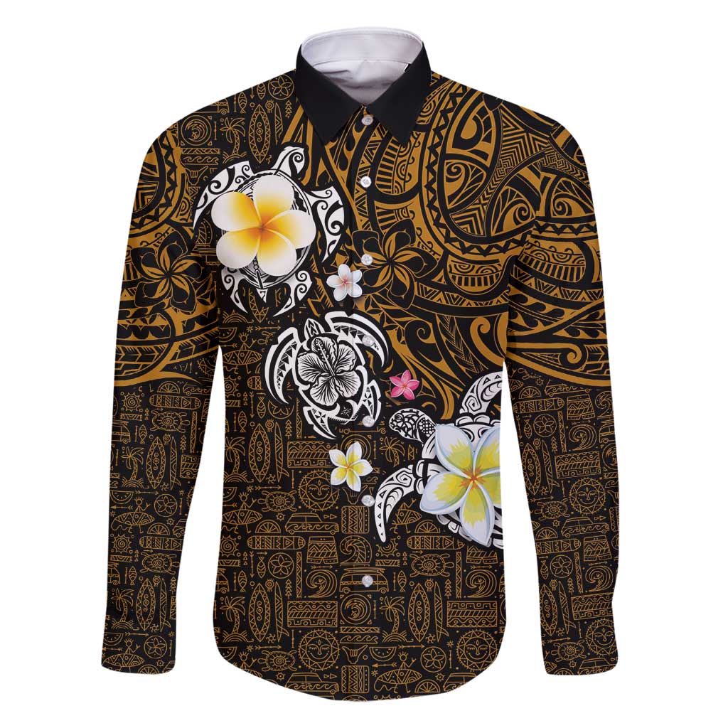 Hawaiian Turtle and Plumeria Family Matching Summer Maxi Dress and Hawaiian Shirt Polynesian Tattoo and Tribal Elements Pattern Orange Color