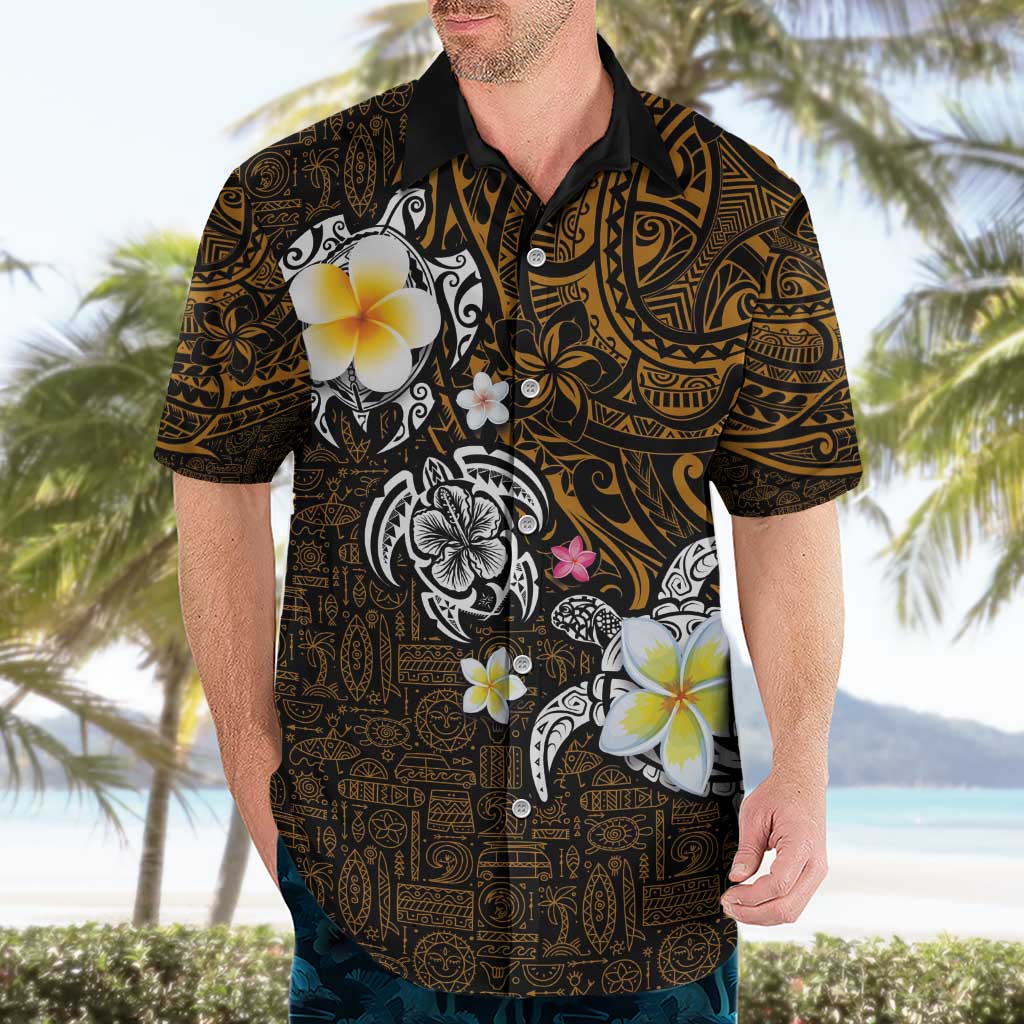 Hawaiian Turtle and Plumeria Hawaiian Shirt Polynesian Tattoo and Tribal Elements Pattern Orange Color