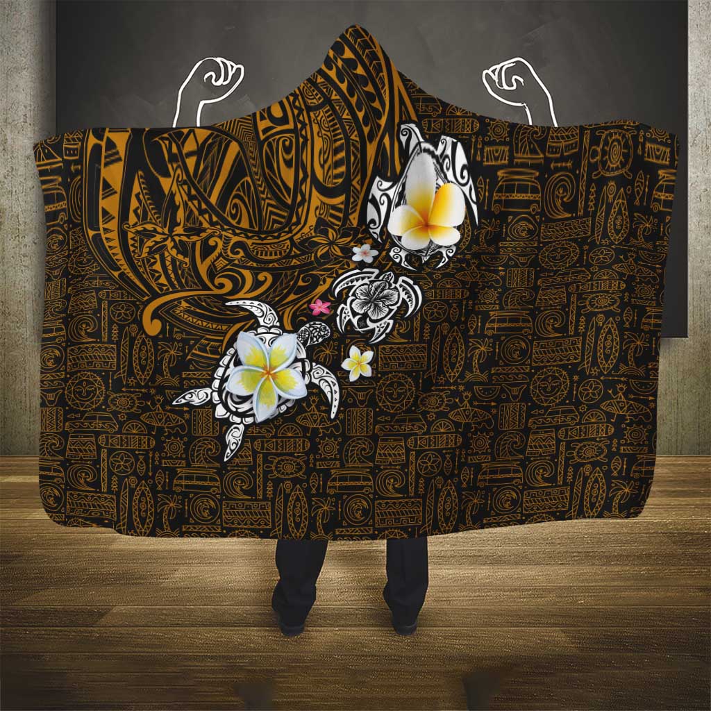 Hawaiian Turtle and Plumeria Hooded Blanket Polynesian Tattoo and Tribal Elements Pattern Orange Color