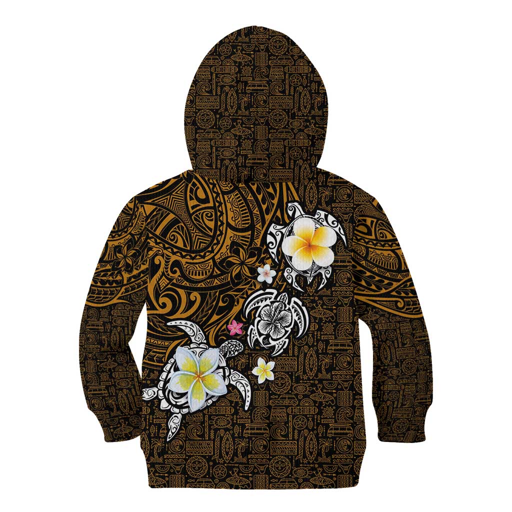 Hawaiian Turtle and Plumeria Kid Hoodie Polynesian Tattoo and Tribal Elements Pattern Orange Color