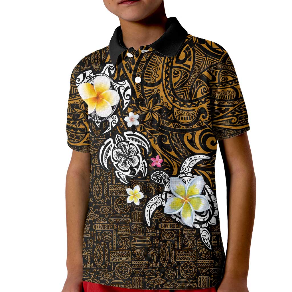 Hawaiian Turtle and Plumeria Kid Polo Shirt Polynesian Tattoo and Tribal Elements Pattern Orange Color