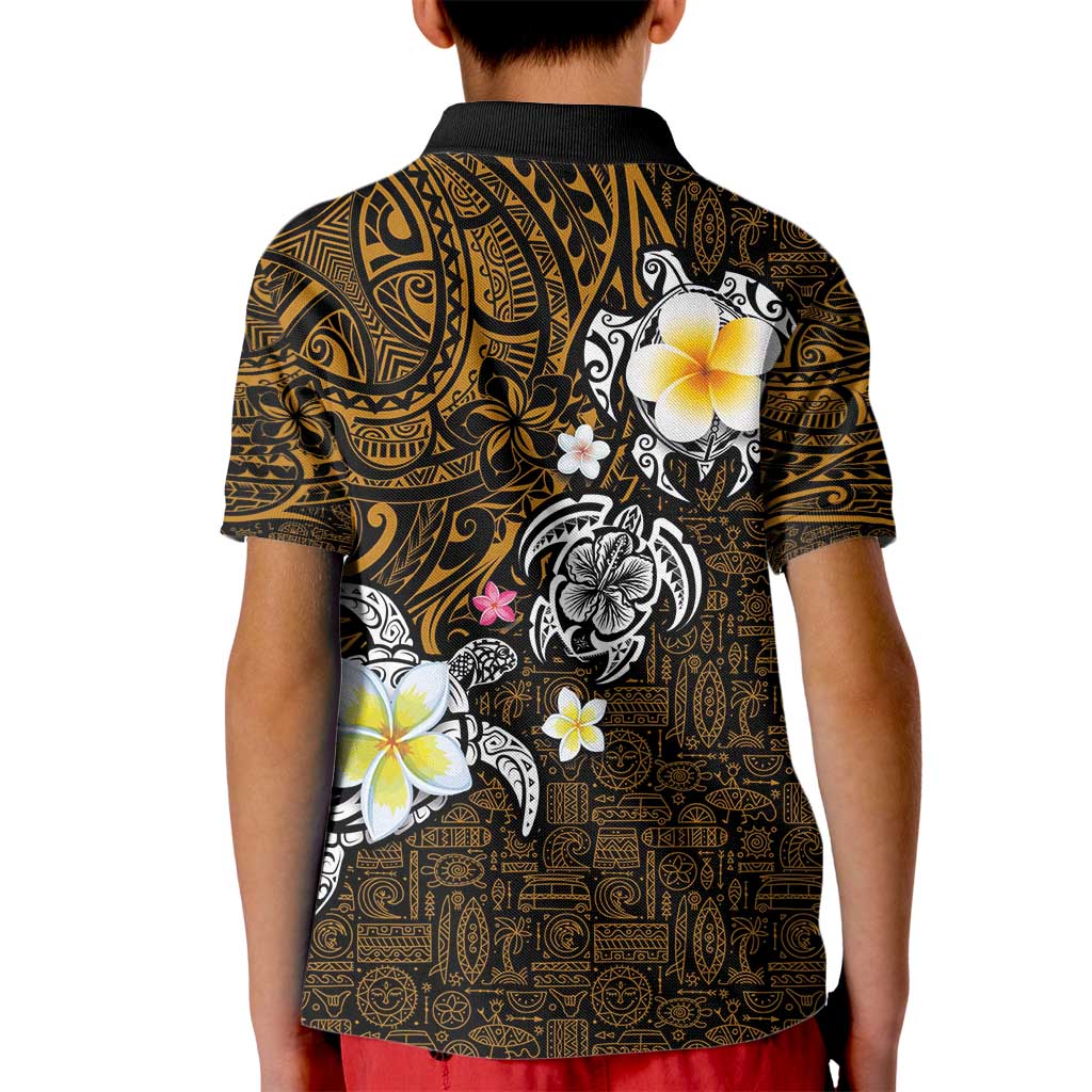 Hawaiian Turtle and Plumeria Kid Polo Shirt Polynesian Tattoo and Tribal Elements Pattern Orange Color