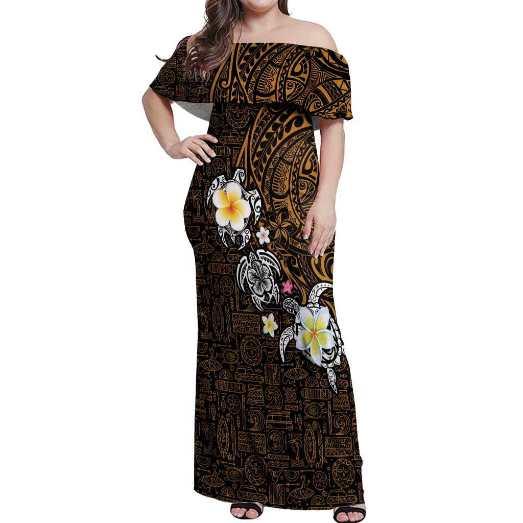 Hawaiian Turtle and Plumeria Off Shoulder Maxi Dress Polynesian Tattoo and Tribal Elements Pattern Orange Color