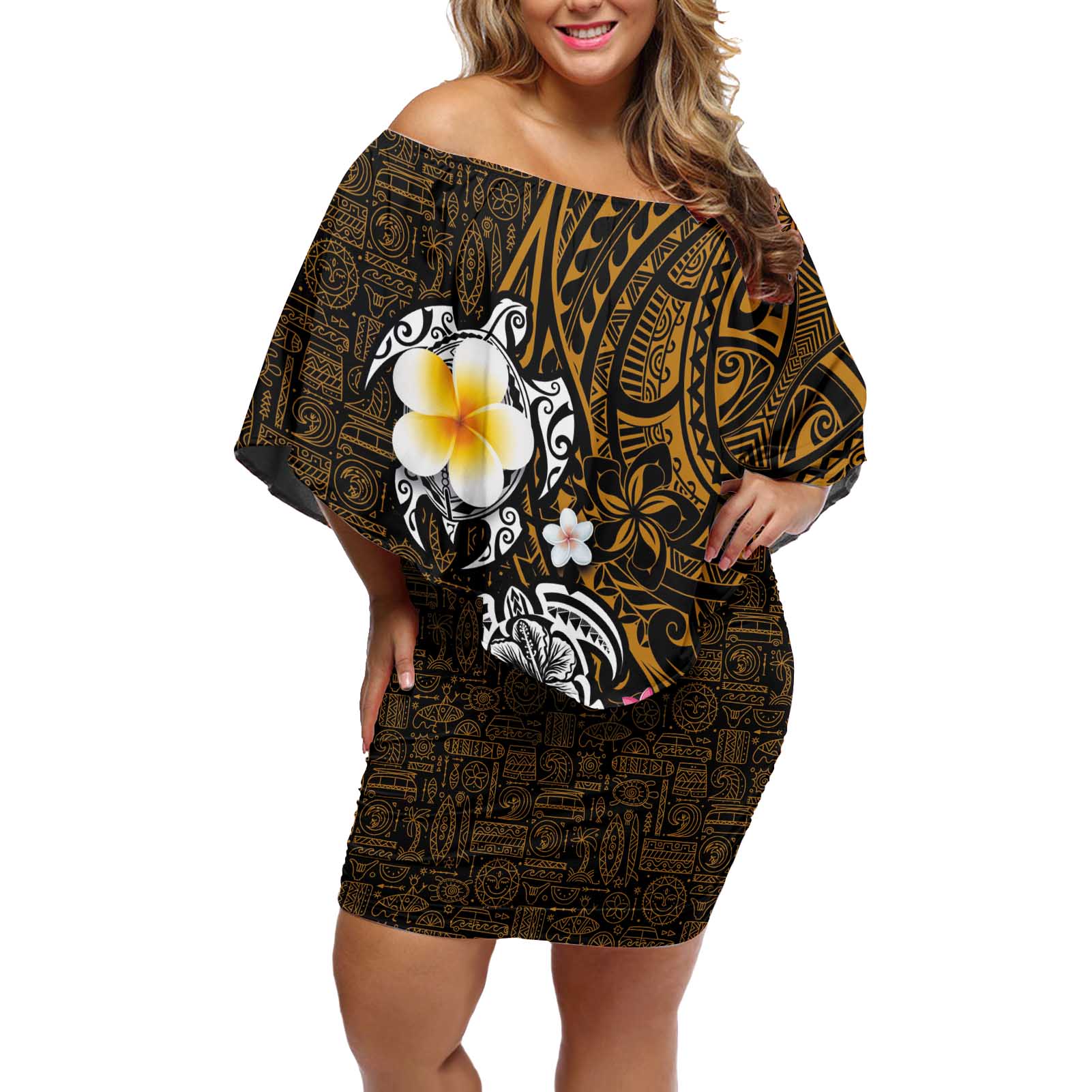 Hawaiian Turtle and Plumeria Off Shoulder Short Dress Polynesian Tattoo and Tribal Elements Pattern Orange Color