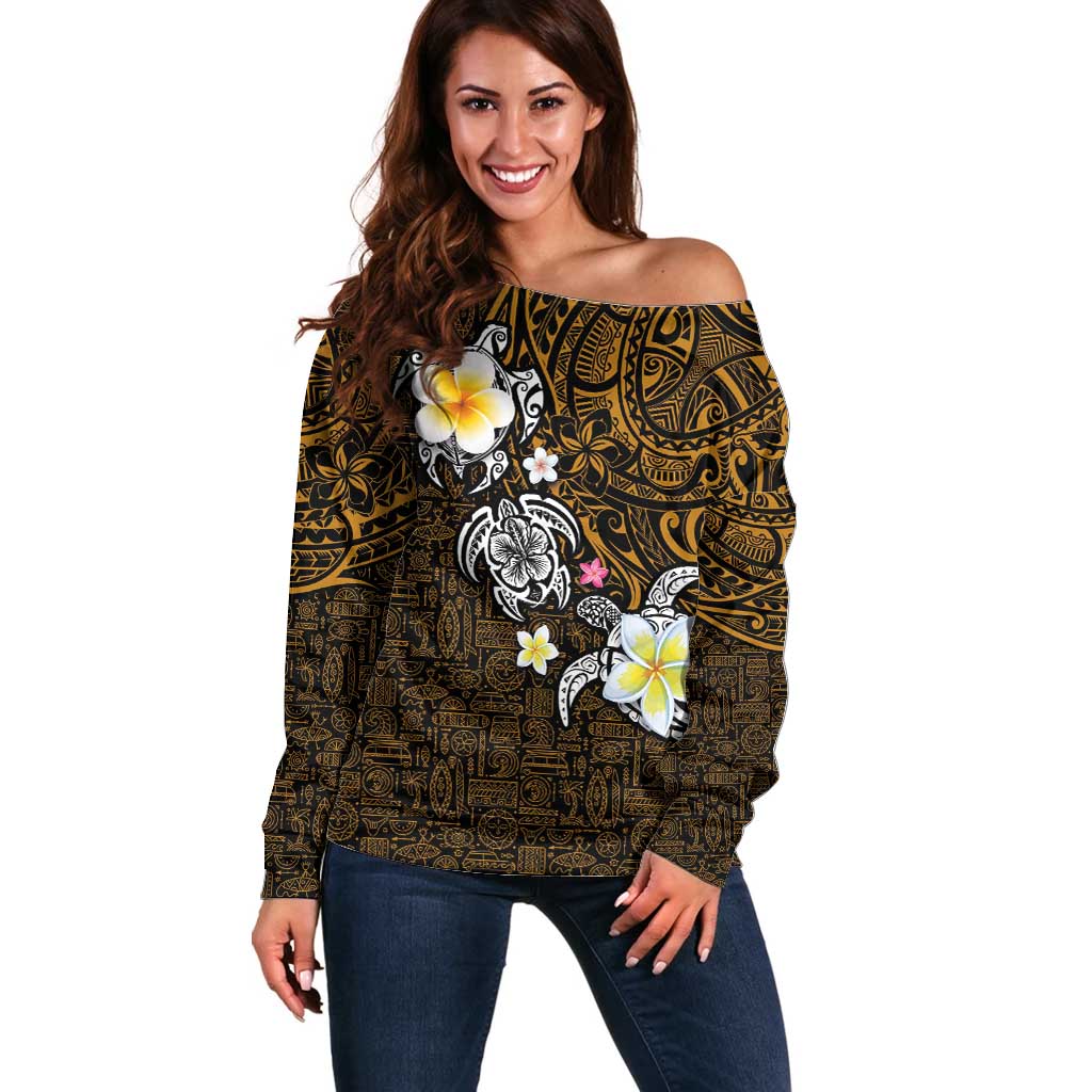 Hawaiian Turtle and Plumeria Off Shoulder Sweater Polynesian Tattoo and Tribal Elements Pattern Orange Color