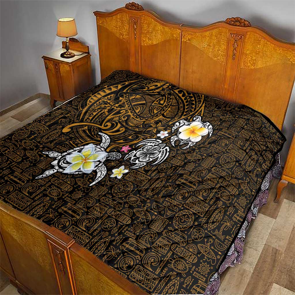 Hawaiian Turtle and Plumeria Quilt Polynesian Tattoo and Tribal Elements Pattern Orange Color