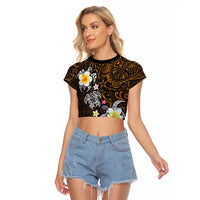 Hawaiian Turtle and Plumeria Raglan Cropped T Shirt Polynesian Tattoo and Tribal Elements Pattern Orange Color LT03 Female Orange - Polynesian Pride