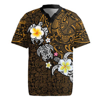Hawaiian Turtle and Plumeria Rugby Jersey Polynesian Tattoo and Tribal Elements Pattern Orange Color