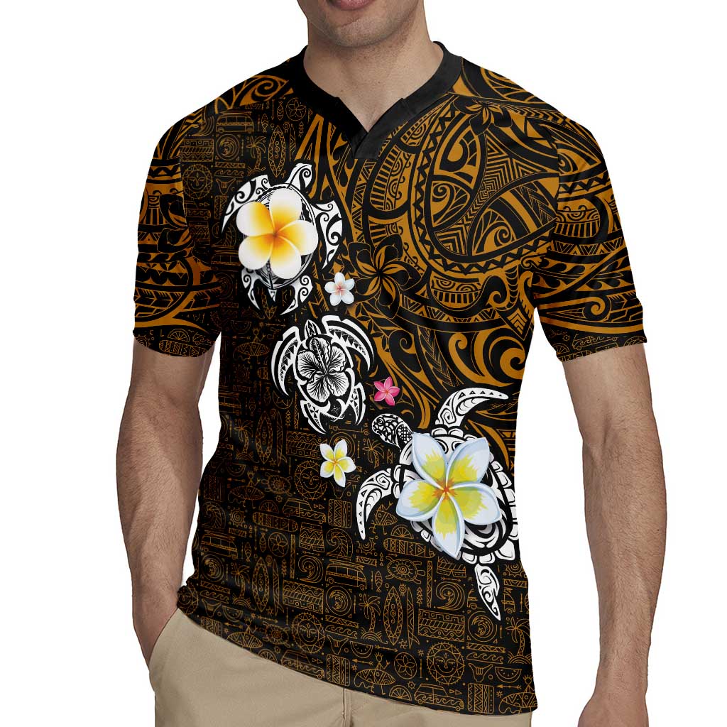 Hawaiian Turtle and Plumeria Rugby Jersey Polynesian Tattoo and Tribal Elements Pattern Orange Color