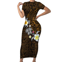 Hawaiian Turtle and Plumeria Short Sleeve Bodycon Dress Polynesian Tattoo and Tribal Elements Pattern Orange Color