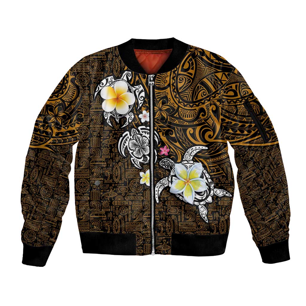 Hawaiian Turtle and Plumeria Sleeve Zip Bomber Jacket Polynesian Tattoo and Tribal Elements Pattern Orange Color