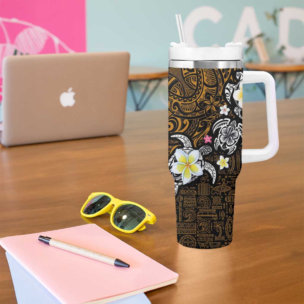 Hawaiian Turtle and Plumeria Tumbler With Handle Polynesian Tattoo and Tribal Elements Pattern Orange Color