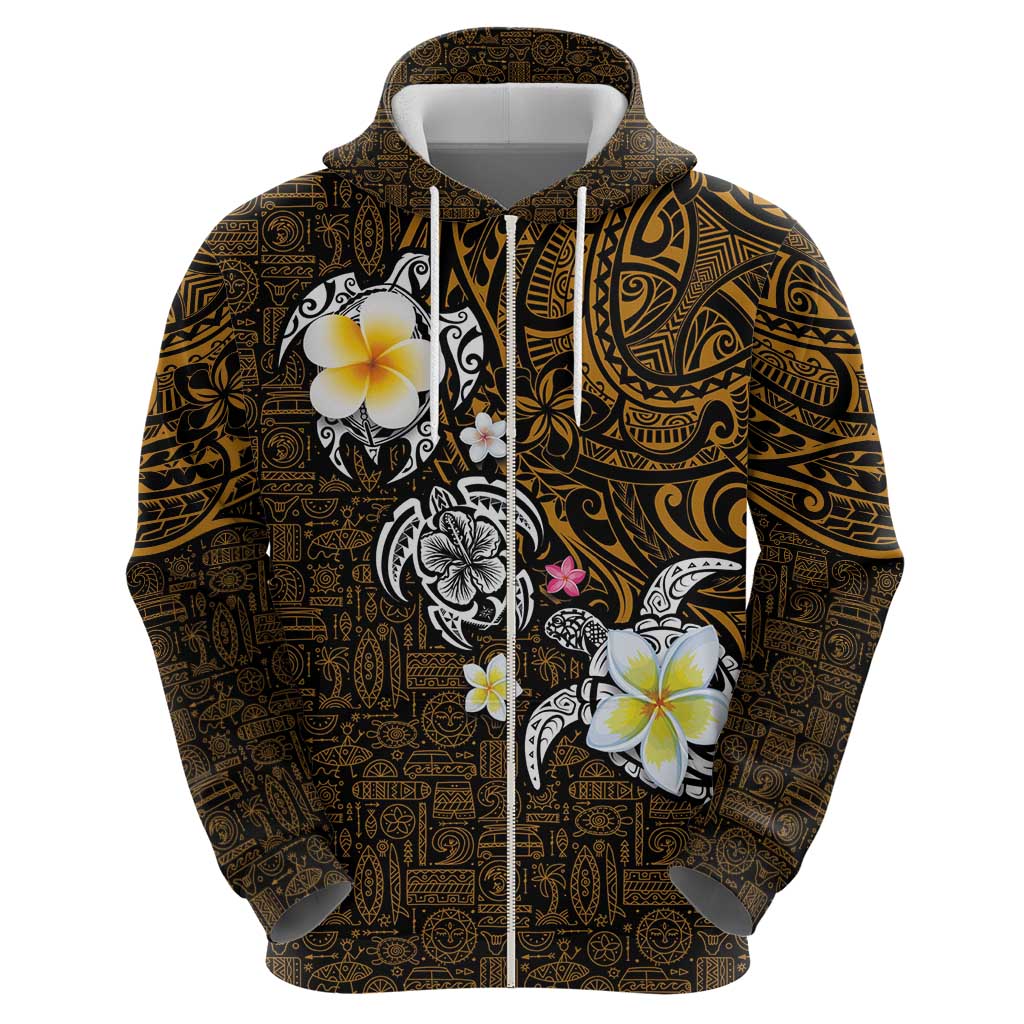Hawaiian Turtle and Plumeria Zip Hoodie Polynesian Tattoo and Tribal Elements Pattern Orange Color LT03 - Polynesian Pride