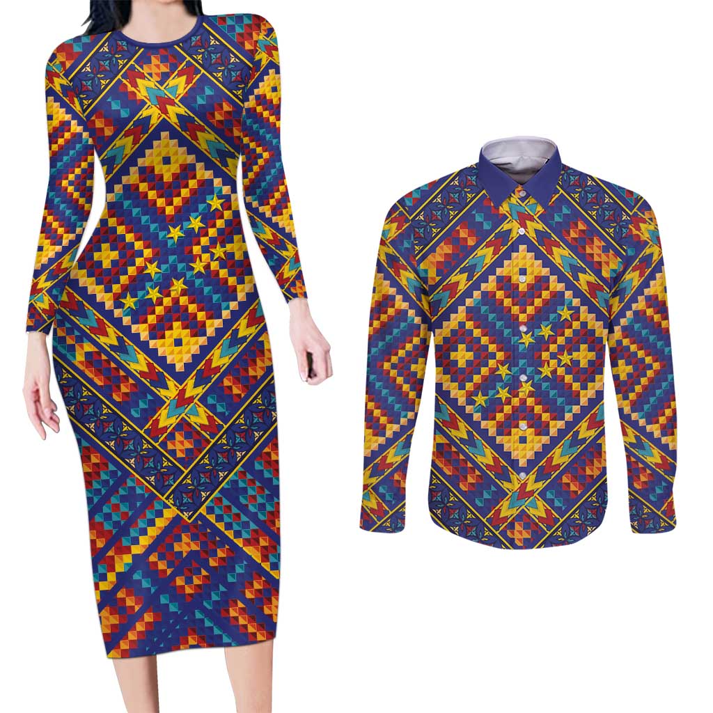 Kolose-Tuvalu Crochet Couples Matching Long Sleeve Bodycon Dress and Long Sleeve Button Shirt with Polynesian and Pacific Tattoos - Polynesian Pride