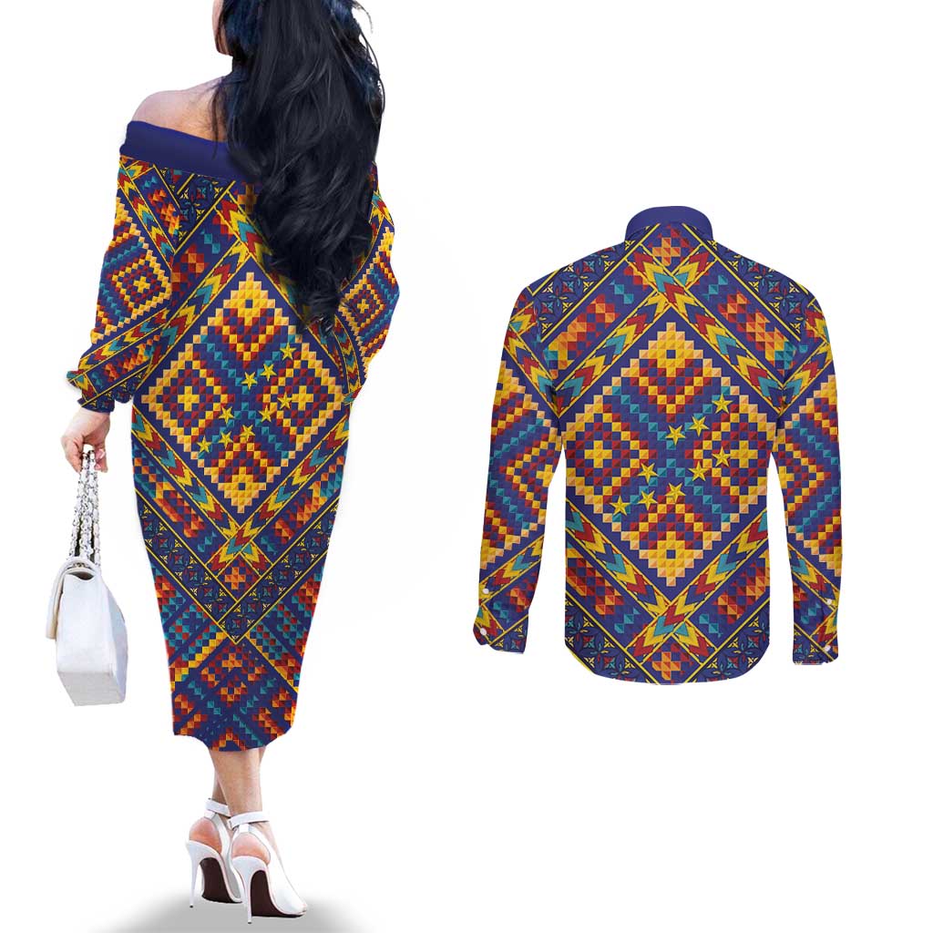 Kolose-Tuvalu Crochet Couples Matching Off The Shoulder Long Sleeve Dress and Long Sleeve Button Shirt with Polynesian and Pacific Tattoos - Polynesian Pride