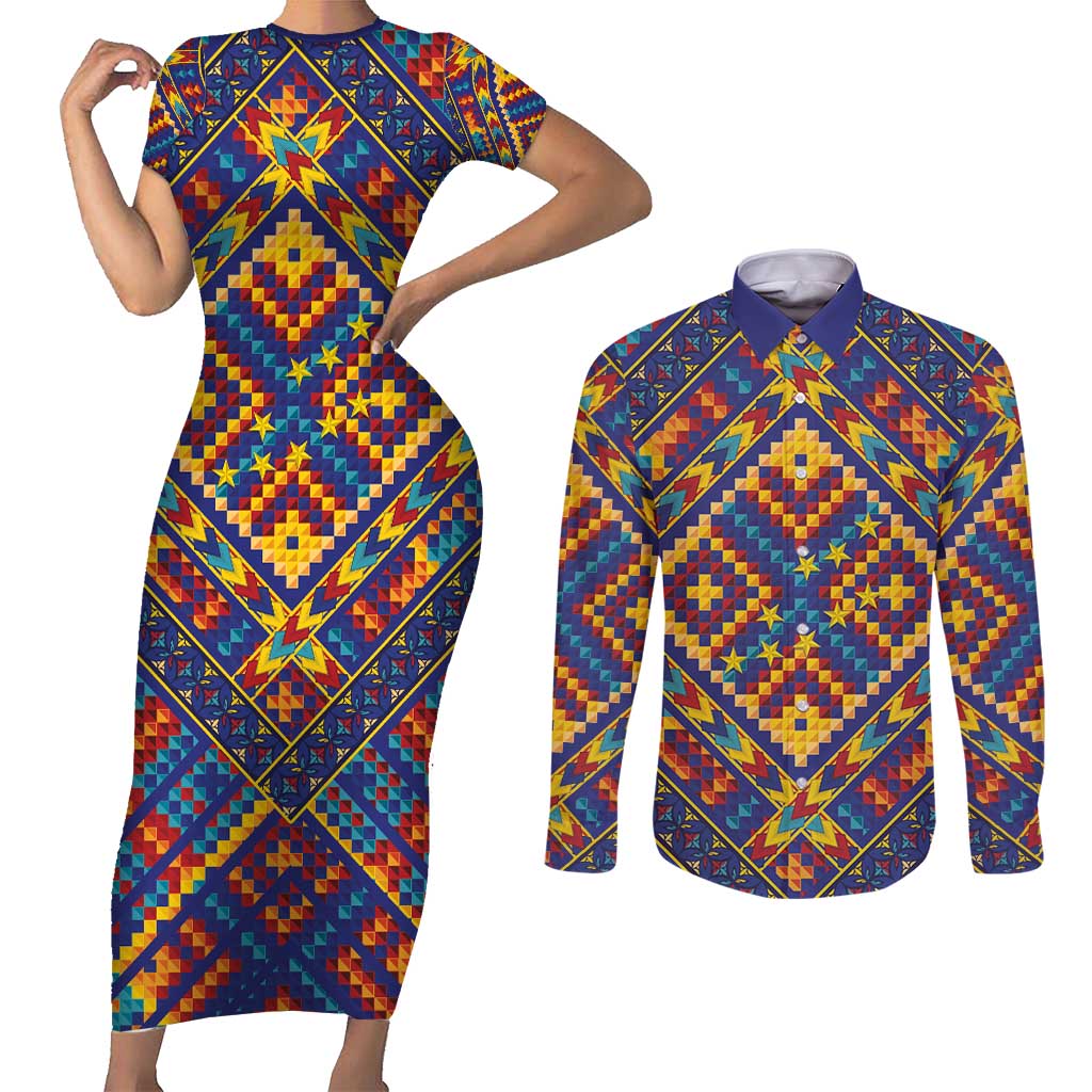 Kolose-Tuvalu Crochet Couples Matching Short Sleeve Bodycon Dress and Long Sleeve Button Shirt with Polynesian and Pacific Tattoos - Polynesian Pride