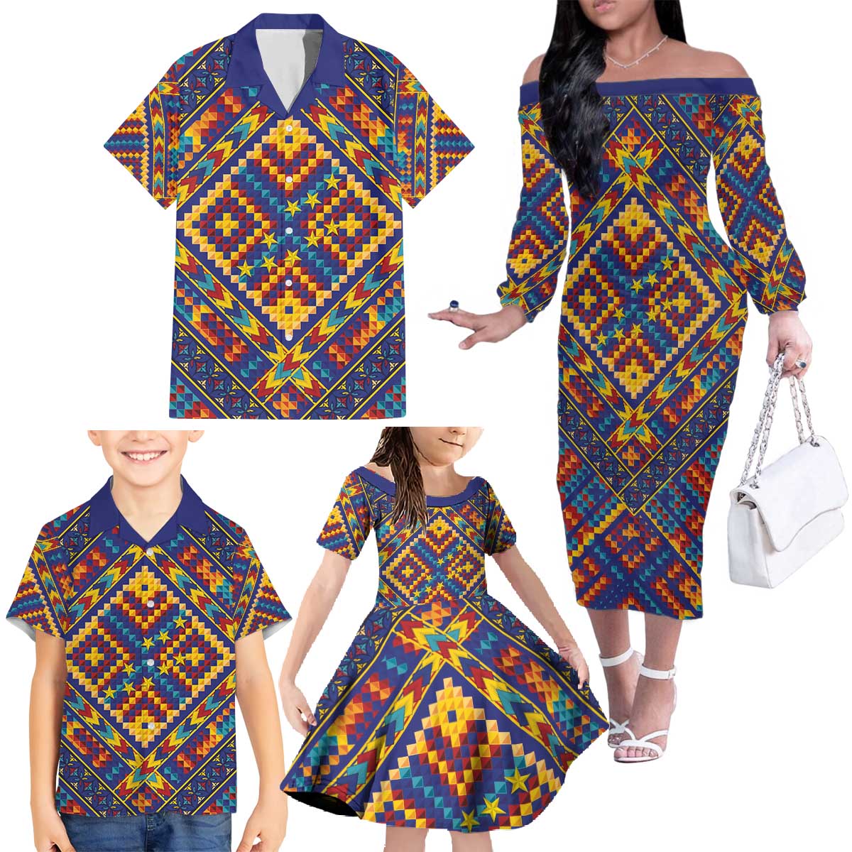 Kolose-Tuvalu Crochet Family Matching Off The Shoulder Long Sleeve Dress and Hawaiian Shirt with Polynesian and Pacific Tattoos - Polynesian Pride