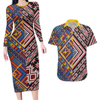 Tuvaluan and New Zealand Culture Couples Matching Long Sleeve Bodycon Dress and Hawaiian Shirt The Art of Kolose and Taniko LT03 Navy - Polynesian Pride