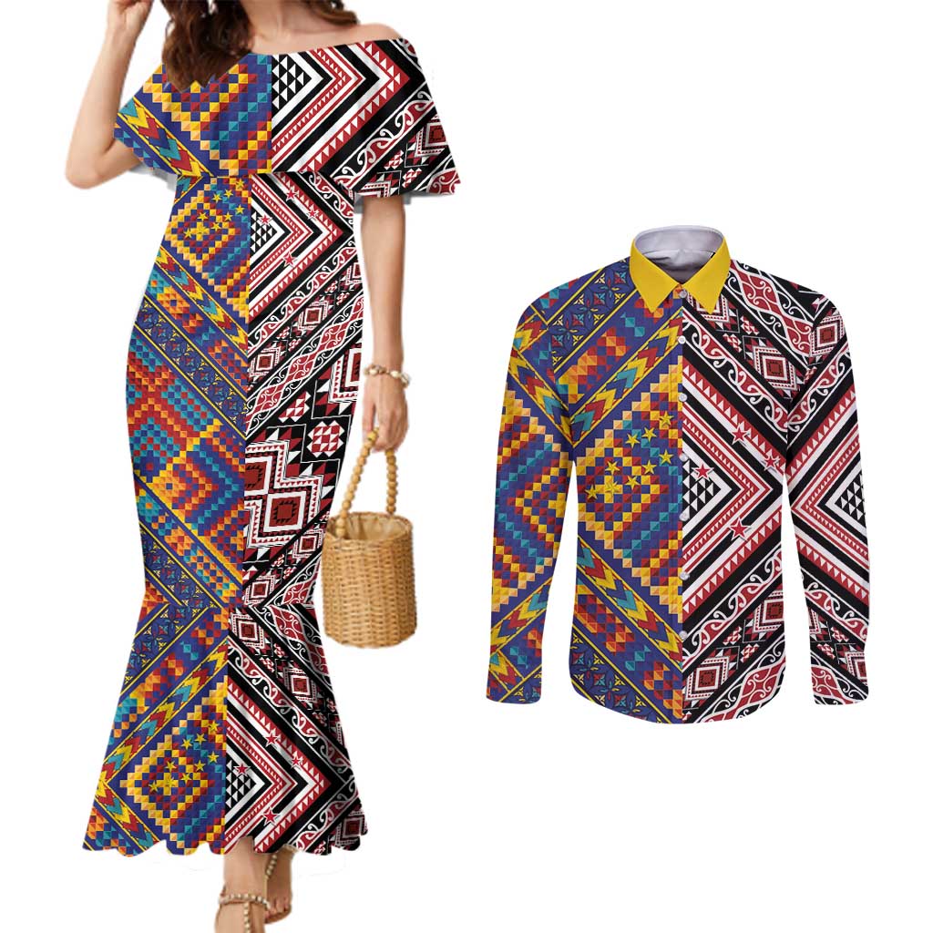 Tuvaluan and New Zealand Culture Couples Matching Mermaid Dress and Long Sleeve Button Shirt The Art of Kolose and Taniko - Polynesian Pride