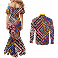 Tuvaluan and New Zealand Culture Couples Matching Mermaid Dress and Long Sleeve Button Shirt The Art of Kolose and Taniko - Polynesian Pride
