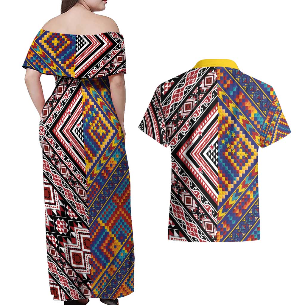 Tuvaluan and New Zealand Culture Couples Matching Off Shoulder Maxi Dress and Hawaiian Shirt The Art of Kolose and Taniko LT03 - Polynesian Pride