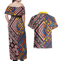Tuvaluan and New Zealand Culture Couples Matching Off Shoulder Maxi Dress and Hawaiian Shirt The Art of Kolose and Taniko LT03 - Polynesian Pride