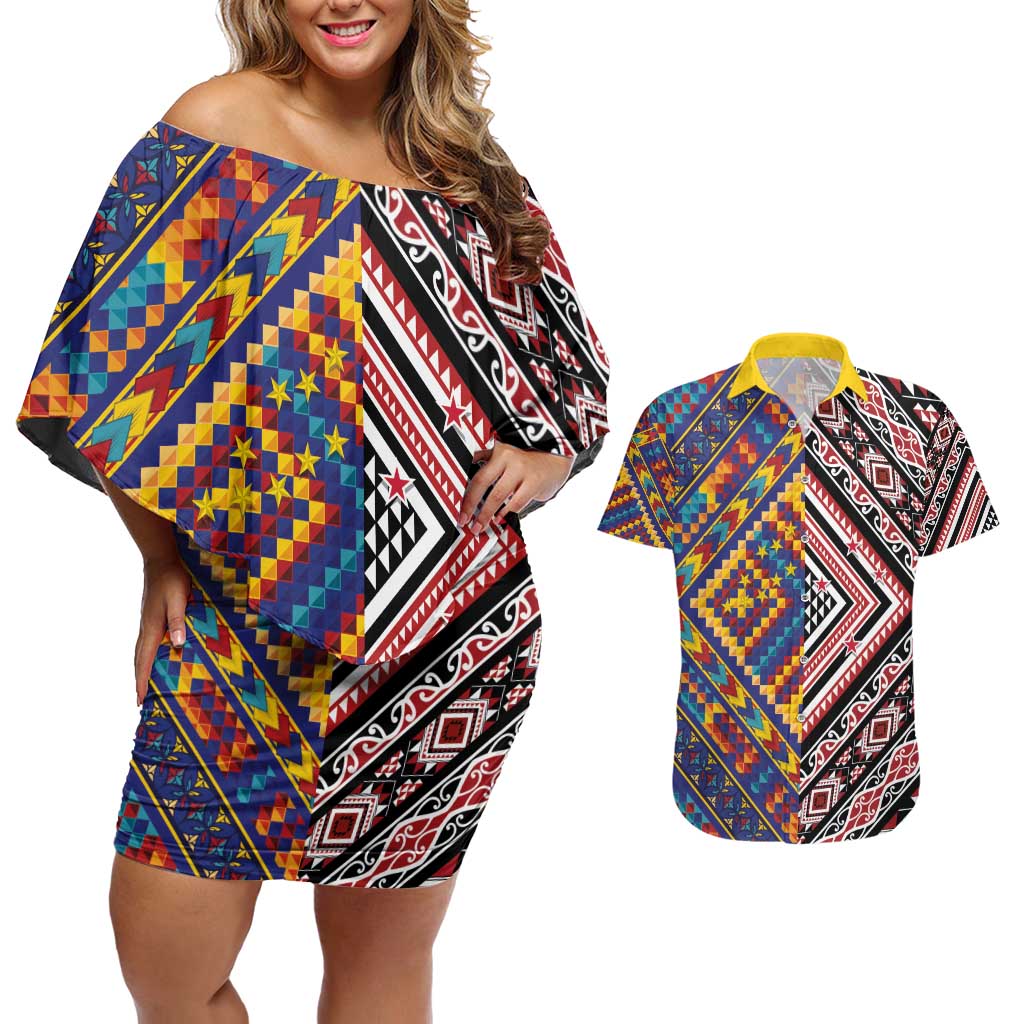 Tuvaluan and New Zealand Culture Couples Matching Off Shoulder Short Dress and Hawaiian Shirt The Art of Kolose and Taniko - Polynesian Pride