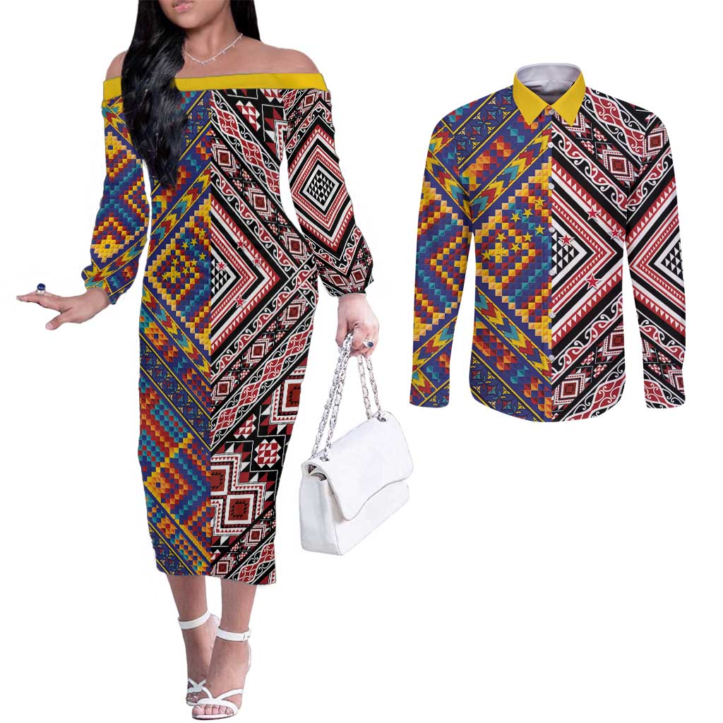 Tuvaluan and New Zealand Culture Couples Matching Off The Shoulder Long Sleeve Dress and Long Sleeve Button Shirt The Art of Kolose and Taniko - Polynesian Pride