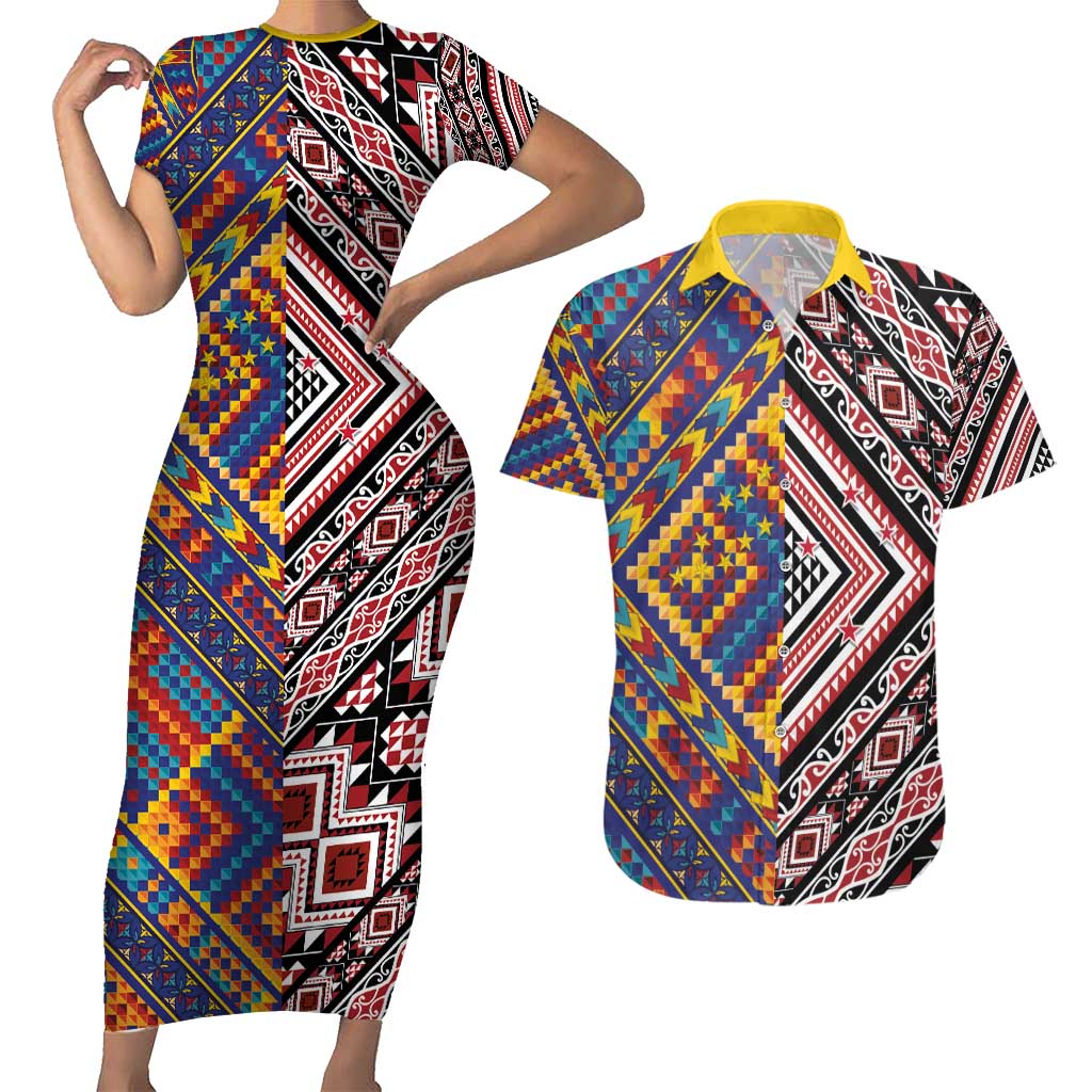 Tuvaluan and New Zealand Culture Couples Matching Short Sleeve Bodycon Dress and Hawaiian Shirt The Art of Kolose and Taniko LT03 Navy - Polynesian Pride