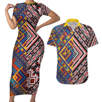 Tuvaluan and New Zealand Culture Couples Matching Short Sleeve Bodycon Dress and Hawaiian Shirt The Art of Kolose and Taniko LT03 Navy - Polynesian Pride